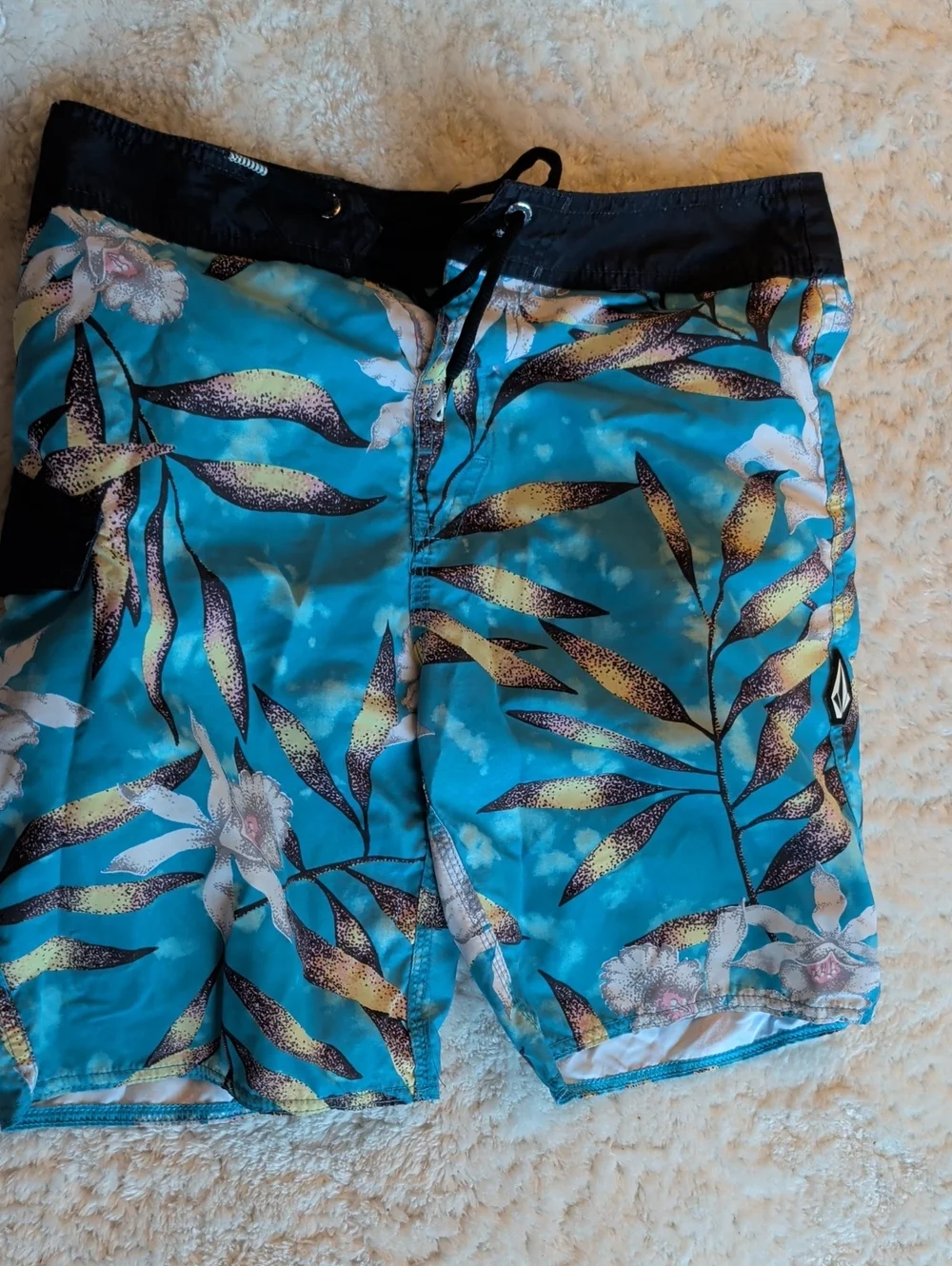 Volcom Youth Teal Floral Leaf Print Board Shorts with Black Waistband